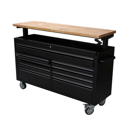 61 Black Powder Coated Steel 9 Drawer Tool Chest with Adjustable Height Solid Wooden Top
