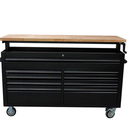 61 Black Powder Coated Steel 9 Drawer Tool Chest with Adjustable Height Solid Wooden Top