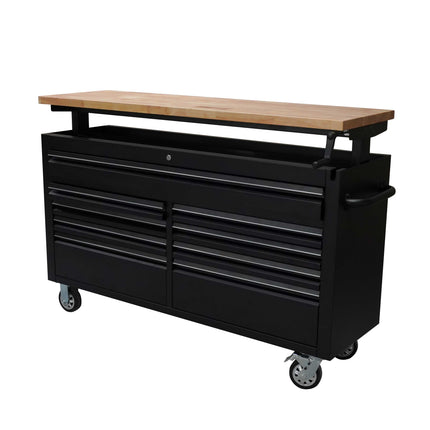 61 Black Powder Coated Steel 9 Drawer Tool Chest with Adjustable Height Solid Wooden Top