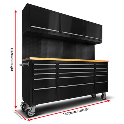 72 Matte Black Steel 15 Drawer Tool Chest with Solid Wooden Top, 3 Upper Cabinets and Peg Board