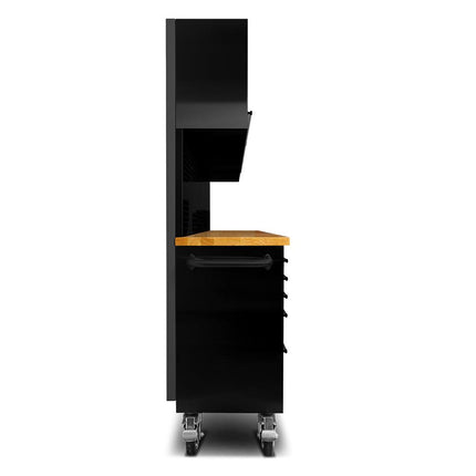 72 Matte Black Steel 15 Drawer Tool Chest with Solid Wooden Top, 3 Upper Cabinets and Peg Board