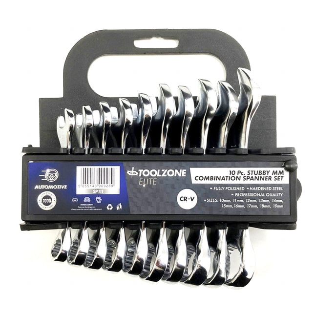 Stubby Spanner Set 10PC 10 To 19mm Fully Polished Chrome Vanadium - Toolzone KDPSP111
