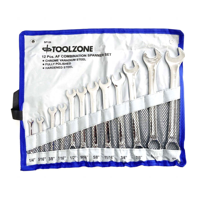 Combination Spanner Set 12pc Af Chrome Vanadium Satin Finish - Toolzone KDPSP126