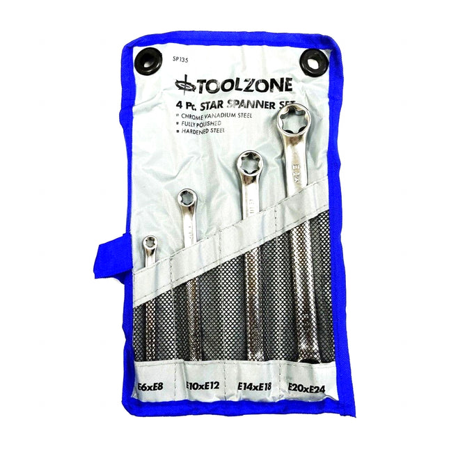 Double End Ring Spanner Set 4pc Star Chrome Vanadium Fully Polished - Toolzone KDPSP135