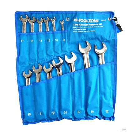 Ratchet Wrench Set 13pc 8-32mm 72 Teeth Chrome Vanadium Polished Finish - Toolzone KDPSP145