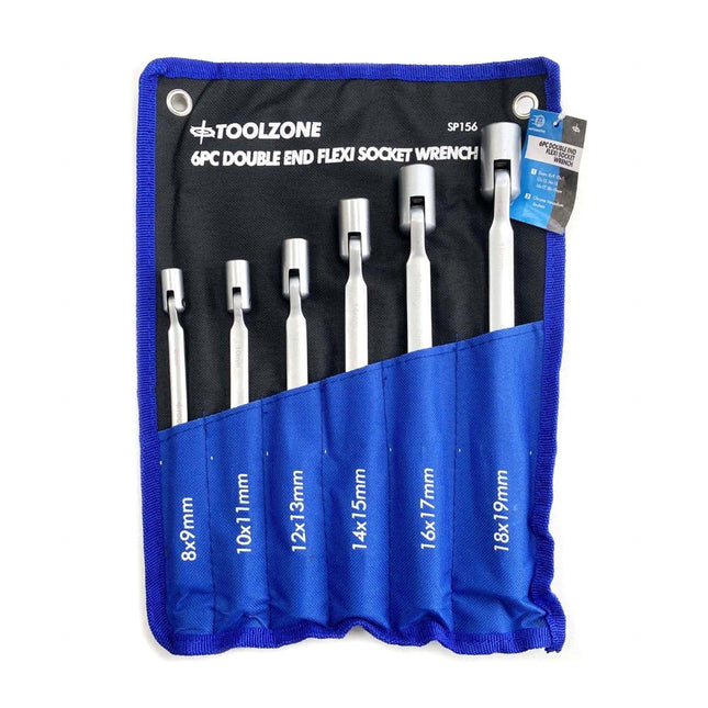 Flexi Socket Wrench Set 6pc Double Ended 8-19mm Carbon Steel - Toolzone KDPSP156