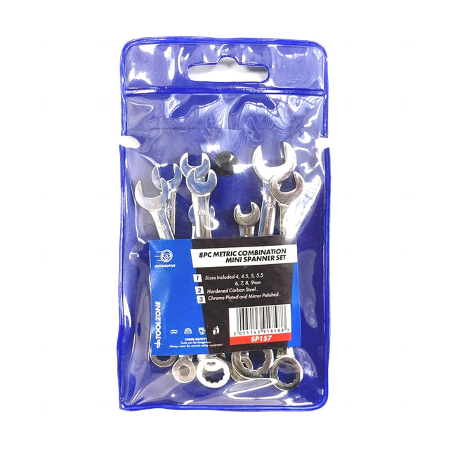 Combination Spanner Set 8pc Mini 4-9mm Carbon Steel Chrome Plated - Toolzone KDPSP157