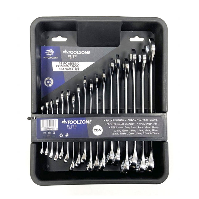 Combination Spanner Set 18pc 6-24mm Chrome Vanadium In Tray - Toolzone KDPSP159