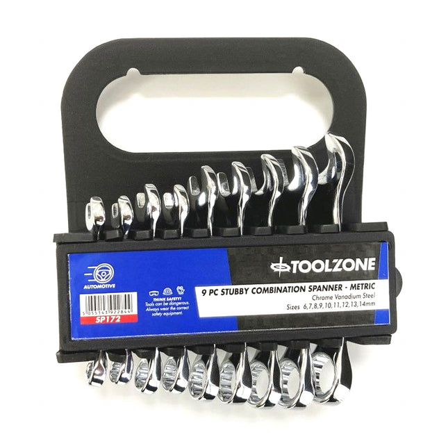 Stubby Spanner Set 9pc 6-14mm Chrome Vanadium Fully Polished In Rack - Toolzone KDPSP172