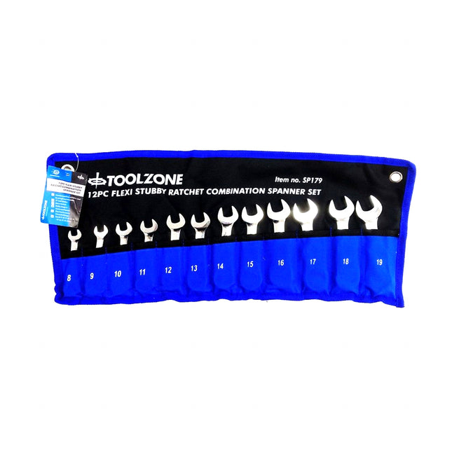Flexi Stubby Ratchet Combination Spanner Set 12pc 8-19mm 72 Teeth Crv - Toolzone KDPSP179