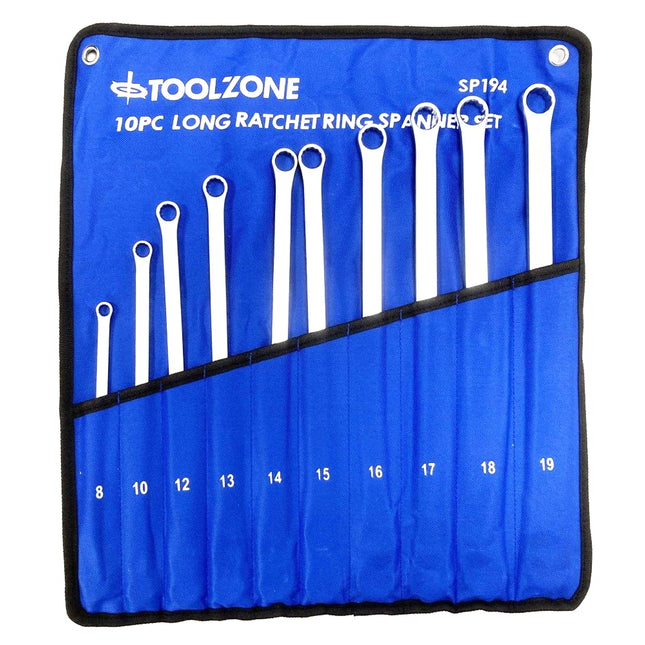 Ratchet Spanner Set Long 10pc 8-19mm 72 Teeth 6150CRV Mirror Polish - Toolzone KDPSP194