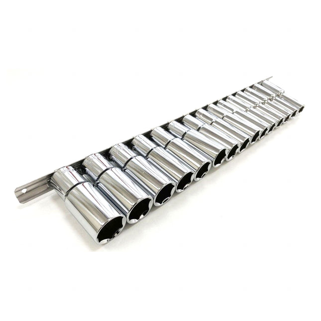 Deep Socket Set 1/2 Drive 15pc 10-24mm Crv 6PT On Rail - Toolzone KDPSS010
