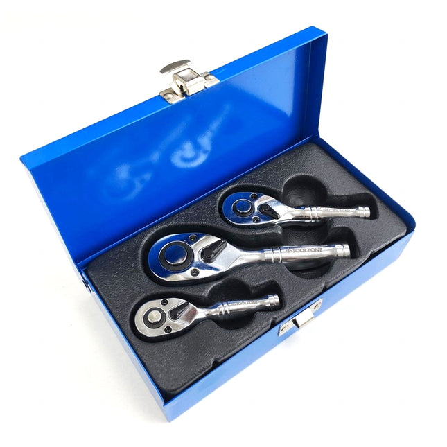 Stubby Ratchet Handle Set 3pc 1/4 3/8 1/2 Drive 72 Teeth Crv - Toolzone KDPSS015