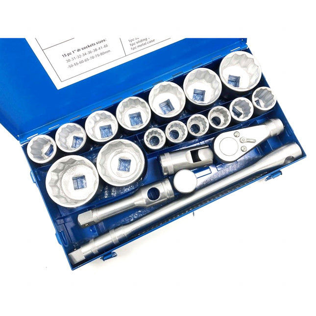 Socket Set 1 Drive 21pc 30-80mm With Accessories In Metal Case - Toolzone KDPSS020