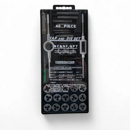 Tap And Die Set 40 Piece Carbon Steel Metric M3-M12 And Sae 4-40 To 1/2-20 - Toolzone KDPTP102