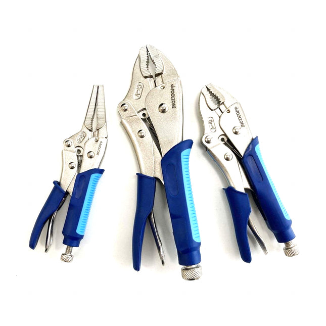 Locking Plier Set 3 Piece Crv Softgrip 7 10 Curved Jaw 6.5 Long Nose - Toolzone KDPWR174