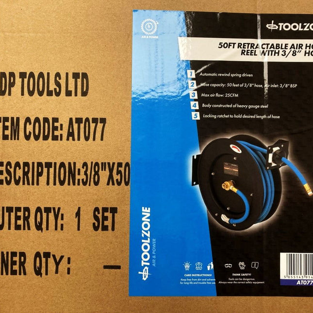 Retractable Air Hose On Reel 3/8 x 50ft Inlet/outlet 3/8 bsp Working Pressure 300 psi - Toolzone KDPAT077