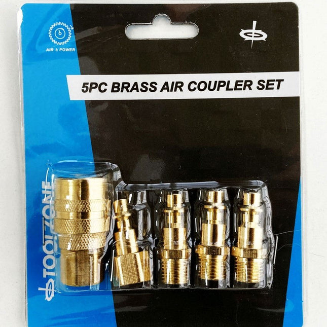 Brass Quick Air Coupler Set 5pc 1/4 npt Includes Female Coupler Connector 3 Male Connectors - Toolzone KDPAT085