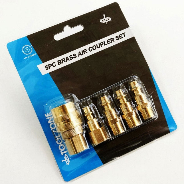 Brass Quick Air Coupler Set 5pc 1/4 npt Includes Female Coupler Connector 3 Male Connectors - Toolzone KDPAT085