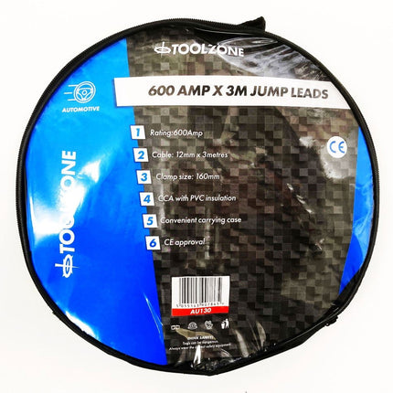 Jump Leads 600amp 3.6m With Zip Case - Toolzone KDPAU130