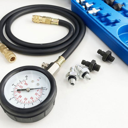 Oil Pressure Test Kit 0-10 bar 1-140 psi 10 Adaptors 1.2m Hose - Toolzone KDPAU376