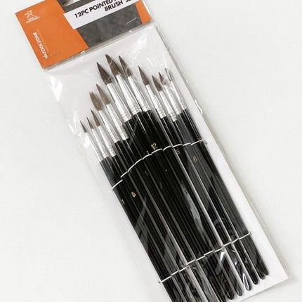 Artist Brushes 12PC Pointed Sizes 1-12 Wood Handle - Toolzone KDPBR012