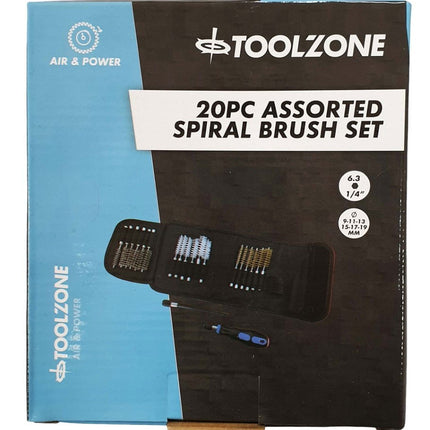 Spiral Brush Set 20PC Detail Brass Stainless Steel Nylon 150mm Extension - Toolzone KDPBR053