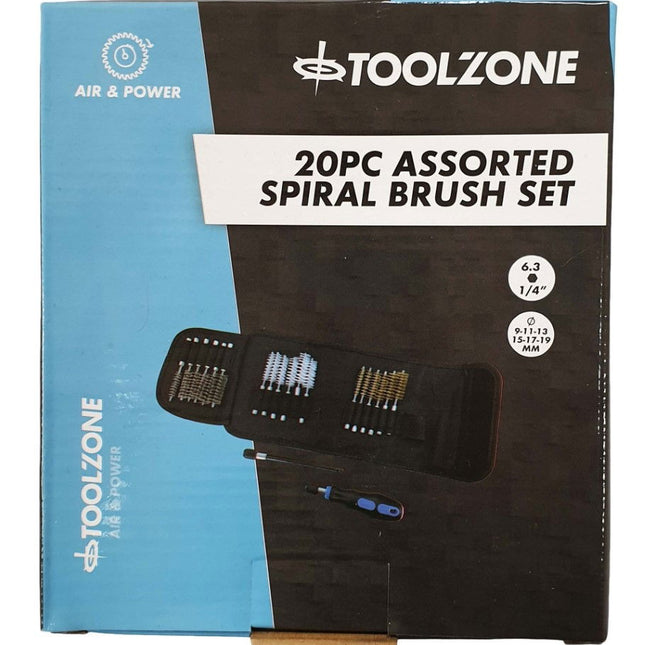 Spiral Brush Set 20PC Detail Brass Stainless Steel Nylon 150mm Extension - Toolzone KDPBR053