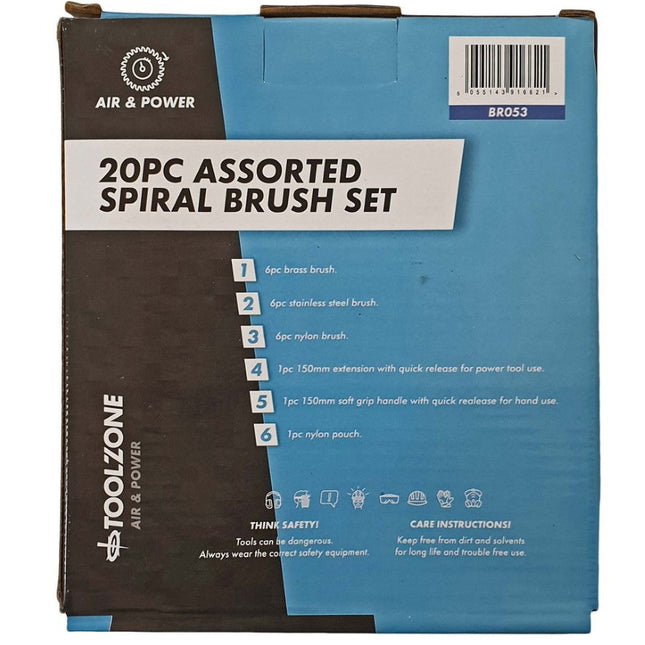 Spiral Brush Set 20PC Detail Brass Stainless Steel Nylon 150mm Extension - Toolzone KDPBR053