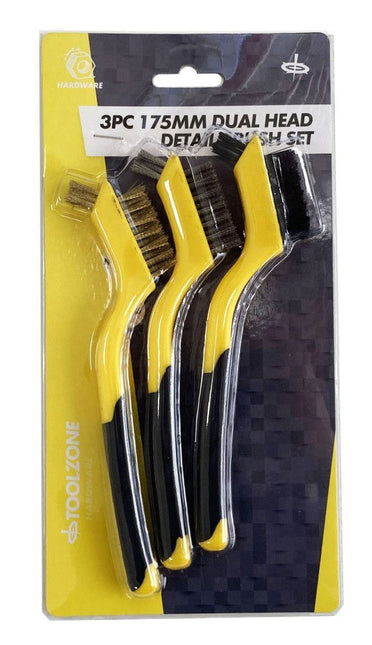 Brush Set 3PC 175mm Precision Detail Stainless Steel Nylon Brass - Toolzone KDPBR061