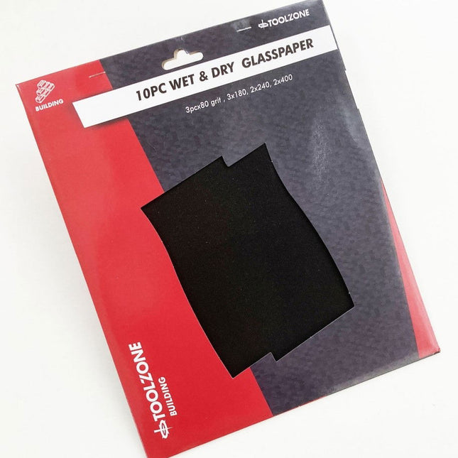 Glasspaper Wet And Dry 10PC Assorted Grits - Toolzone KDPDC072