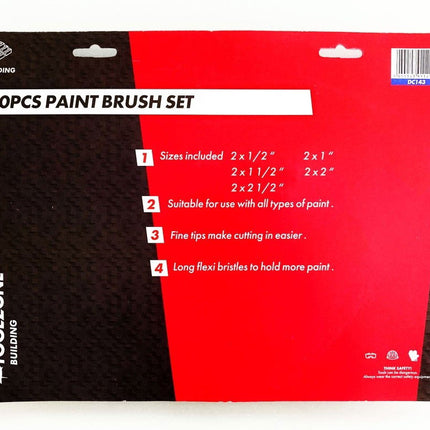 Paint Brush Set 10PC Nylon Bristle Assorted Sizes - Toolzone KDPDC143