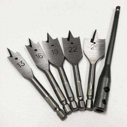 Wood Bit Set Stubby Flat 7PC 100mm With Extension And Key - Toolzone KDPDR066