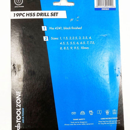 Drill Bit Set Hss Jobber 19PC 1-10mm - Toolzone KDPDR085