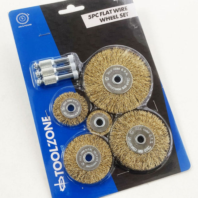 Flat Wire Wheel Set For Drill 5PC 25-75mm 1/4 Shank - Toolzone KDPDR171