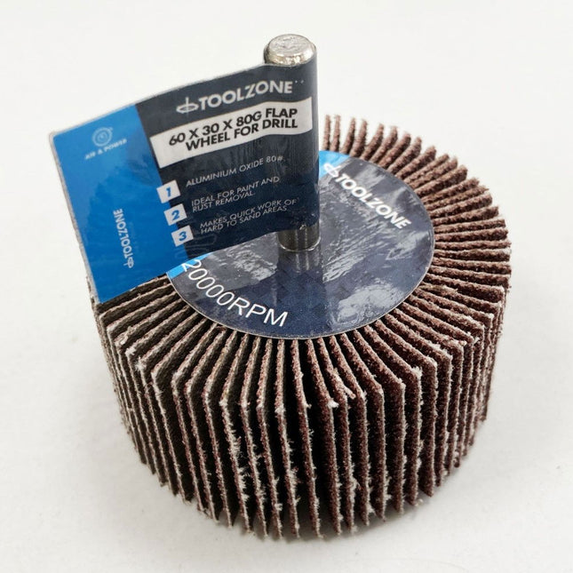 Flap Wheel For Drill 60x30mm 80 grit 6mm Spindle - Toolzone KDPDR180