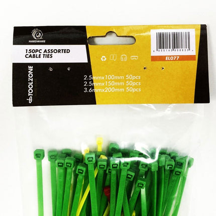 CABLE ZIP TIES ASSORTED 150PC 2.5mm x 100mm 2.5mm x 150mm 3.6mm x 200mm - TOOLZONE KDPEL077