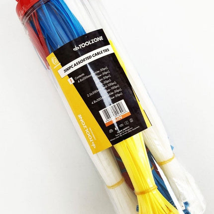 Cable Zip Ties Mixed Large 500PC 5 Colours 2.5x180mm 4.8x190mm 4.8x300mm - Toolzone KDPEL079