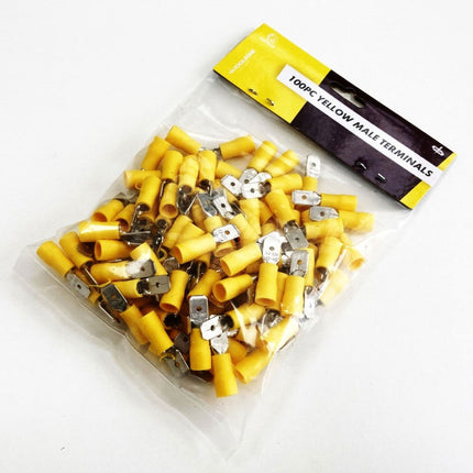 Male Terminals 100PC Yellow Semi Insulated 12-10 awg 6.3mm x 0.4mm - Toolzone KDPEL142