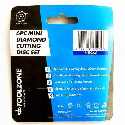 Mini Diamond Cutting Discs 6pc 20mm 22mm 3.2mm Shank 0.65mm Thickness - Toolzone KDPHB263