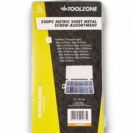 Sheet Metal Screws Assortment 550pc Zinc Plated Phillips Head Various Sizes - Toolzone KDPHW026