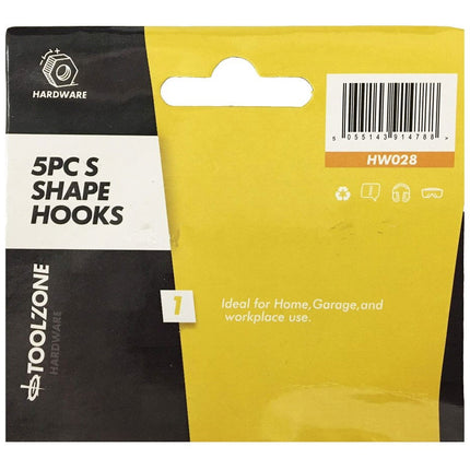 S Hooks 5pc Small 100mm x 5mm Chrome Plated Steel Ball End - Toolzone KDPHW028