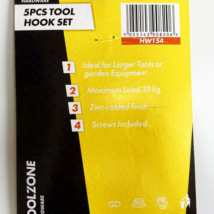 Tool Hook Set 5pc 75mm Height With Fixings - Toolzone KDPHW154