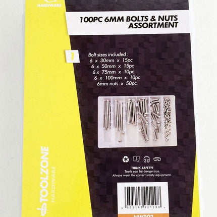 Bolt And Nut Assortment M6 100pc In Storage Box - Toolzone KDPHW202