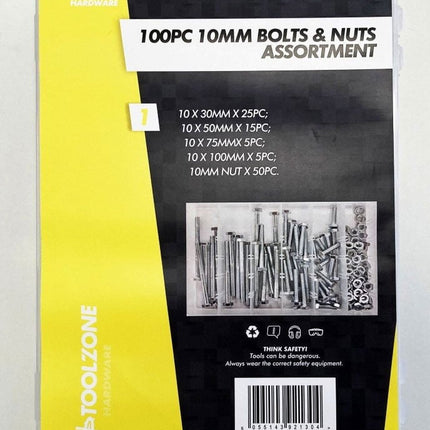 Bolt And Nut Assortment M10 100pc In Storage Box - Toolzone KDPHW203