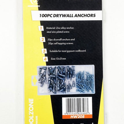 Drywall Anchor Assortment 100pc 13x31mm In Storage Box - Toolzone KDPHW208