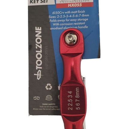 Hex Key Set Ball End Metric 8pc Folding Aluminium Frame - Toolzone KDPHX055
