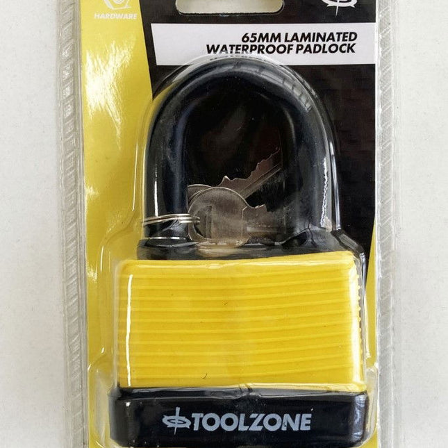 Padlock Laminated Weatherproof 65mm Shackle 8mm With 3 Keys - Toolzone KDPLK007