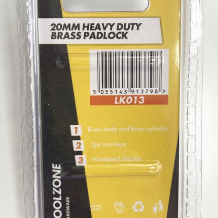 Padlock Heavy Duty Brass 20mm With 3 Keys - Toolzone KDPLK013