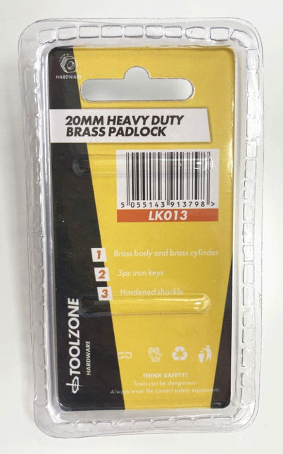 Padlock Heavy Duty Brass 20mm With 3 Keys - Toolzone KDPLK013